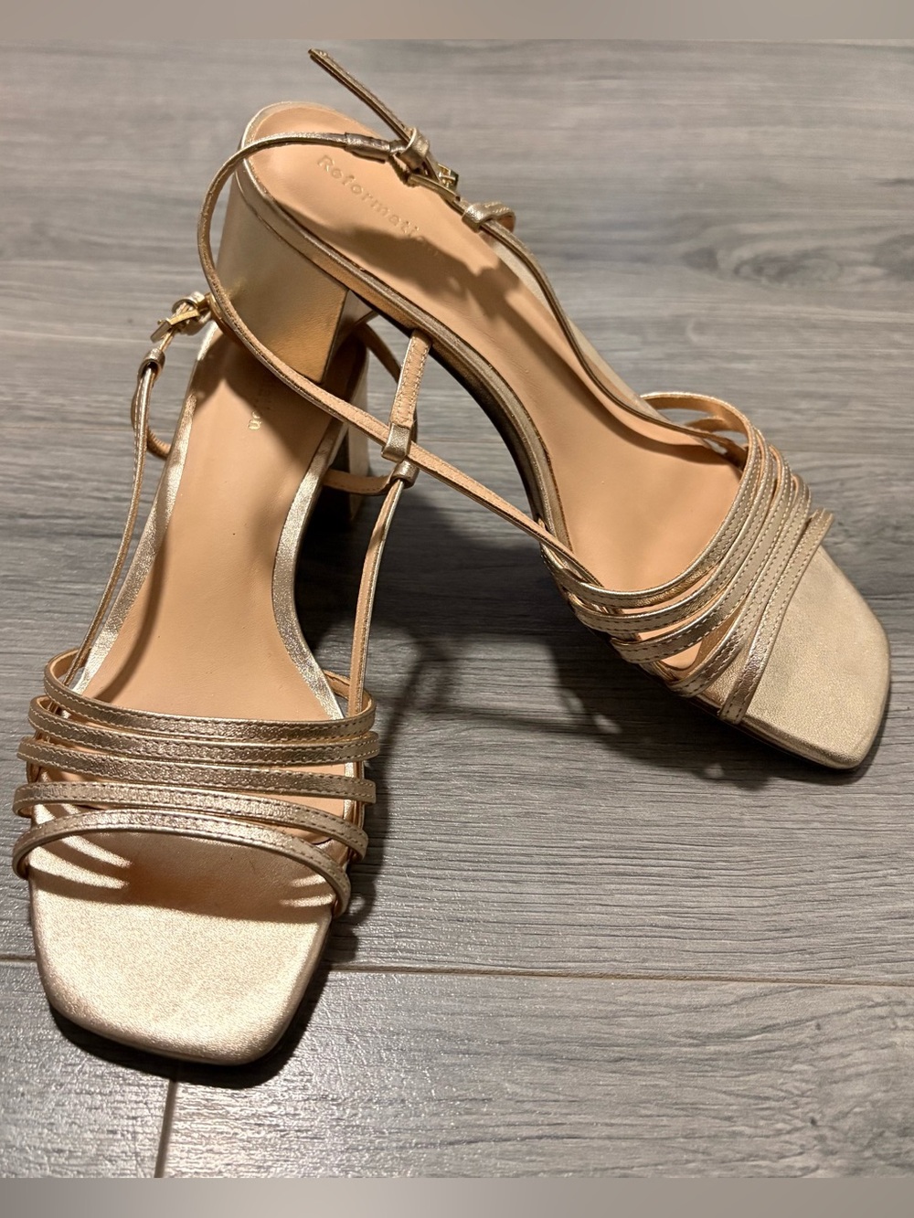 Reformation Metallic Gold Strappy Slingback Heels - Picture 2 of 7